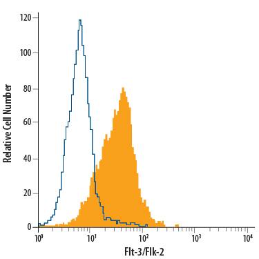 THP-1 human acute monocytic leukemia cell line was stained with Mouse Anti-Human Flt-3/Flk-2 PE-conjugated Monoclonal Antibody (Catalog # FAB812P, filled histogram) or isotype control antibody (Catalog # IC002P, open histogram). View our protocol for Staining Membrane-associated Proteins.