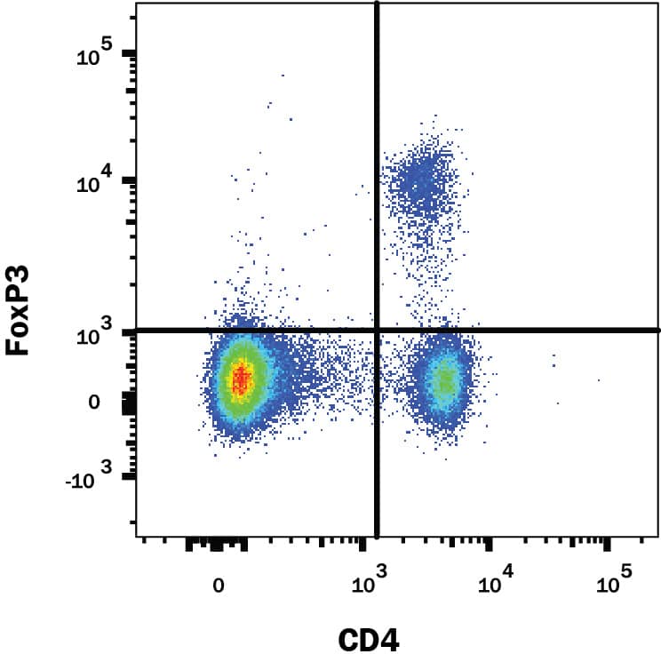 Mouse splenocytes were stained with Mouse Anti-Human/Mouse/Rat FoxP3 PE-conjugated Monoclonal Antibody (Catalog # IC8970P) and Rat Anti-Mouse CD4 Alexa Fluor® 488-conjugated Monoclonal Antibody (Catalog # FAB554G). Quadrant markers were set based on control antibody staining (Catalog # IC002P). To facilitate intracellular staining, cells were fixed and permeabilized with FlowX FoxP3 Fixation & Permeabilization Buffer Kit (Catalog # FC012). View our protocol for Staining Intracellular Molecules.