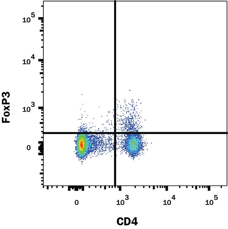 Rat splenocytes were stained with Mouse Anti-Human/Mouse/Rat FoxP3 Alexa Fluor® 647-conjugated Monoclonal Antibody (Catalog # IC8970R) and Anti-Rat CD4 APC-conjugated Antibody. Quadrant markers were set based on control antibody staining (Catalog # IC002R). To facilitate intracellular staining, cells were fixed and permeabilized with FlowX FoxP3 Fixation & Permeabilization Buffer Kit (Catalog # FC012). View our protocol for Staining Intracellular Molecules.
