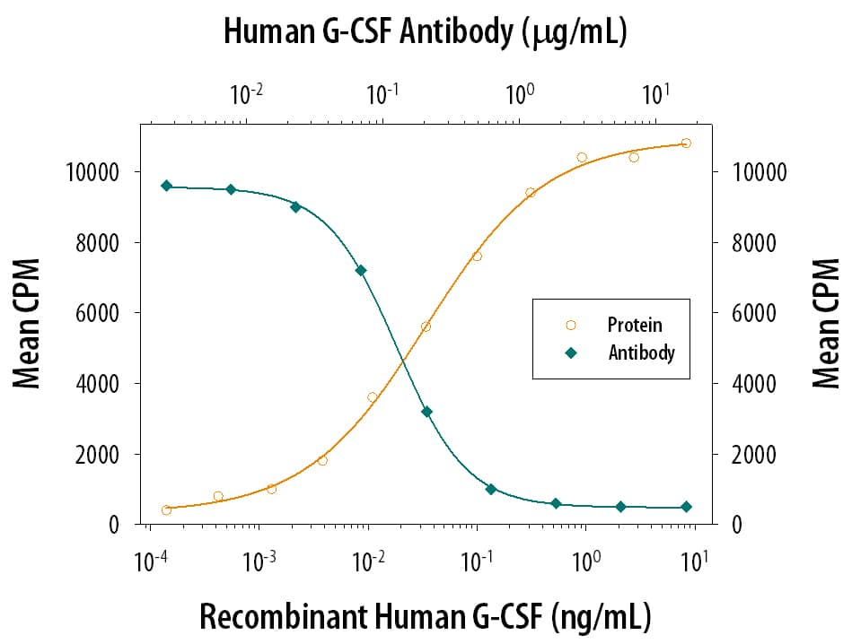 Recombinant Human G‑CSF (Catalog # 214-CS) stimulates proliferation in the NFS60 mouse myeloid cell line in a dose-dependent manner (orange line). Proliferation elicited by Recombinant Human G‑CSF (0.125 ng/mL) is neutralized (green line) by increasing concentrations of Human G‑CSF Polyclonal Antibody (Catalog # AB-214-NA). The ND50 is typically 0.1-0.3 µg/mL.