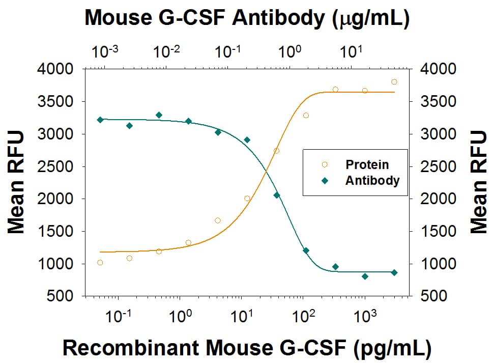 Recombinant Mouse G‑CSF (Catalog # 414-CS) stimulates proliferation in the NFS-60 mouse myeloid cell line in a dose-dependent manner (orange line), as measured by Resazurin (Catalog # AR002). Proliferation elicited by Recombinant Mouse G‑CSF (0.125 ng/mL) is neutralized (green line) by increasing concentrations of Goat Anti-Mouse G‑CSF Polyclonal Antibody (Catalog # AB-414-NA). The ND50 is typically <1 µg/mL.