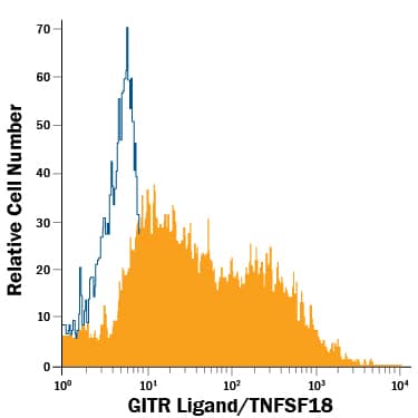 HUVEC human umbilical vein endothelial cells were stained with Mouse Anti-Human GITR Ligand/TNFSF18 PE-conjugated Monoclonal Antibody (Catalog # FAB6941P, filled histogram) or isotype control antibody (Catalog # IC002P, open histogram). View our protocol for Staining Membrane-associated Proteins.
