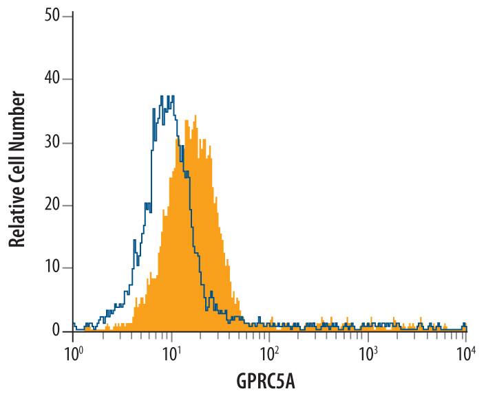 A549 human lung carcinoma cell line was stained with Mouse Anti-Human GPRC5A Monoclonal Antibody (Catalog # MAB5239, filled histogram) or isotype control antibody (MAB003, open histogram), followed by Allophycocyanin-conjugated Anti-Mouse IgG F(ab')2Secondary Antibody (Catalog # F0101B). To facilitate intracellular staining, cells were fixed with paraformaldehyde and permeabilized with saponin.