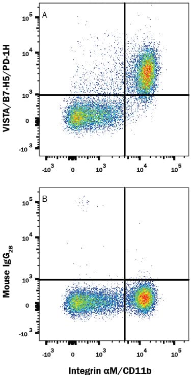 Human peripheral blood mononuclear cells (PBMCs) were stained with Mouse Anti-Human Integrin aM/CD11b APC-conjugated Monoclonal Antibody (Catalog # FAB16991A) and either (A) Mouse Anti-Human VISTA/B7-H5/PD-1H PE-conjugated Monoclonal Antibody (Catalog # FAB71261P) or (B) Mouse IgG2BPhycoerythrin Isotype Control (Catalog # IC0041P). View our protocol for Staining Membrane-associated Proteins.