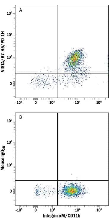Human peripheral blood mononuclear cells (PBMCs) were stained with Mouse Anti-Human Integrin aM/CD11b PE-conjugated Monoclonal Antibody (Catalog # FAB16991P) and either (A) Mouse Anti-Human VISTA/B7-H5/PD-1H Alexa Fluor® 750-conjugated Monoclonal Antibody (Catalog # FAB71261S) or (B) Mouse IgG2BAlexa Fluor 750 Isotype Control (Catalog # IC0041S). View our protocol for Staining Membrane-associated Proteins.