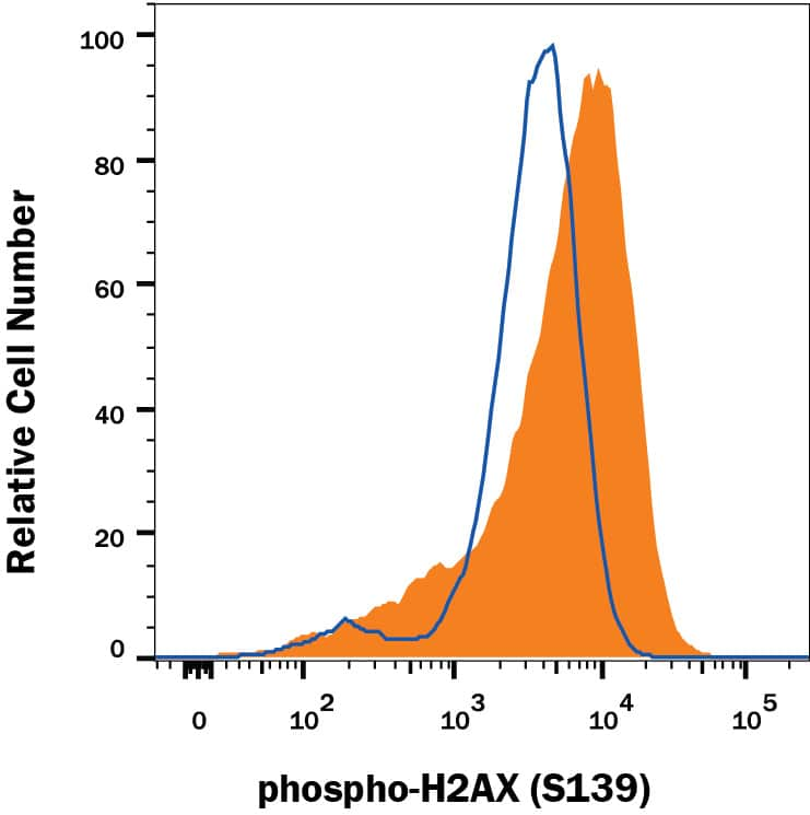 Naïve Jurkat cells (open histogram) or treated with 1 µM Camptothecin (1100, filled histogram) overnight were stained with Rabbit Anti-Human Phospho-Histone H2AX (S139) Monoclonal Antibody (Catalog # MAB2288), followed by PE-conjugated Anti-Rabbit IgG Secondary Antibody (F0110). To facilitate intracellular staining, cells were fixed with Flow Cytometry Fixation Buffer (FC004) and permeabilized with 90% methanol. View our protocol for Staining Intracellular Molecules.