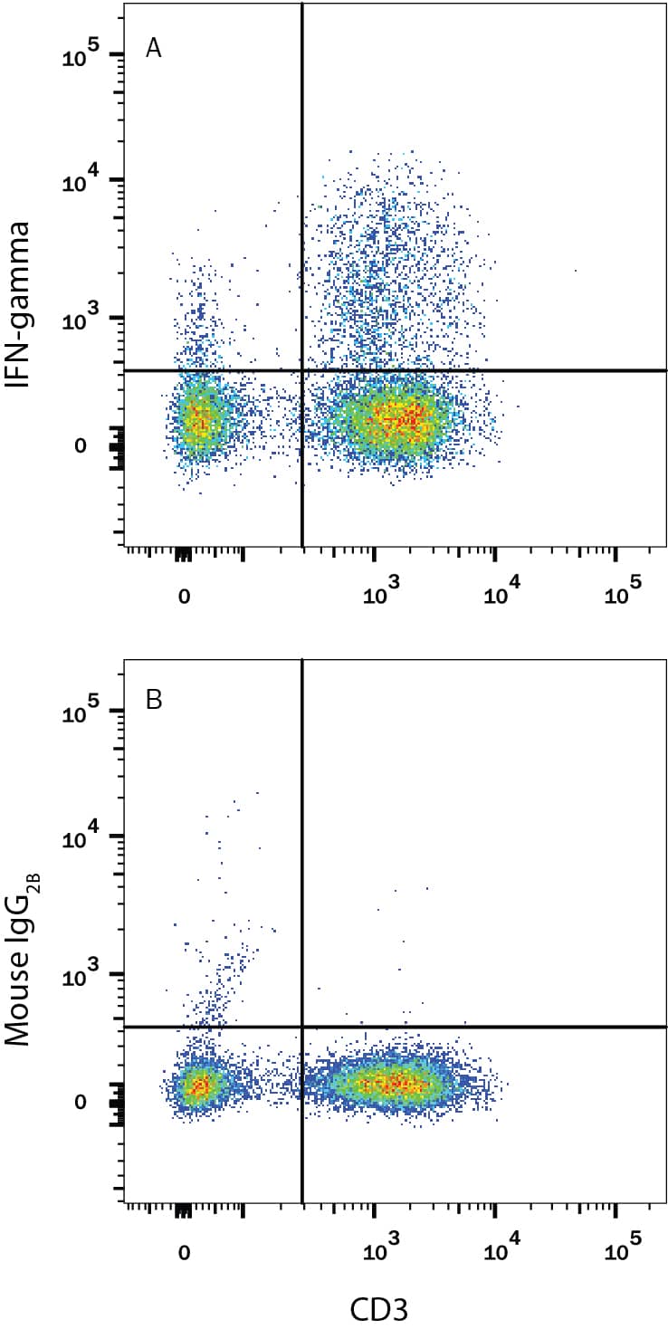Human peripheral blood mononuclear cells (PBMCs) treated with 50 ng/mL PMA, 1 ug/mL Ionomycin, and 3 uM Monensin overnight were stained with Mouse Anti-Human CD3e PE-conjugated Monoclonal Antibody (Catalog # FAB100P) and either (A) Mouse Anti-Human IFN-gamma APC-conjugated Monoclonal Antibody (Catalog # IC285A) or (B) Mouse IgG2BAllophycocyanin Isotype Control (Catalog # IC0041A). To facilitate intracellular staining, cells were fixed and permeabilized with FlowX FoxP3 Fixation & Permeabilization Buffer Kit (Catalog # FC012). View our protocol for Staining Intracellular Molecules.