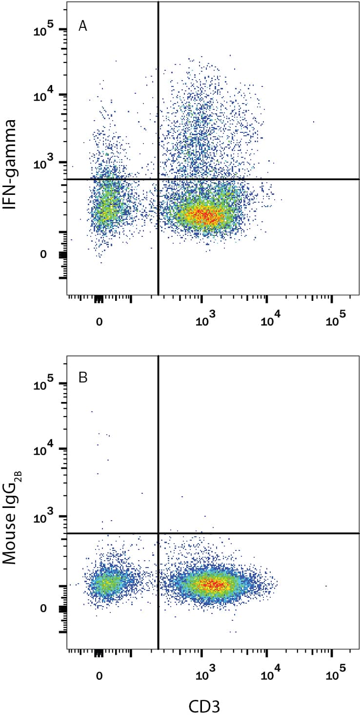 Human peripheral blood mononuclear cells (PBMCs) treated with 50 ng/mL PMA, 1 µg/mL Ionomycin, and 3 µM Monensin overnight were stained with Mouse Anti-Human CD3e APC-conjugated Monoclonal Antibody (Catalog # FAB100A) and either (A) Mouse Anti-Human IFN-gamma Alexa Fluor® 488-conjugated Monoclonal Antibody (Catalog # IC285G) or (B) Mouse IgG2BAlexa Fluor 488 Isotype Control (Catalog # IC0041G). To facilitate intracellular staining, cells were fixed and permeabilized with FlowX FoxP3 Fixation & Permeabilization Buffer Kit (Catalog # FC012). View our protocol for Staining Intracellular Molecules.