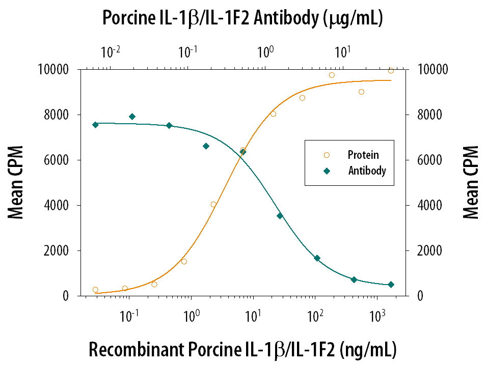 Recombinant Porcine IL‑1 beta /IL‑1F2 (Catalog # 681-PI) stimulates proliferation in the the D10.G4.1 mouse helper T cell line in a dose-dependent manner (orange line). Proliferation elicited by Recombinant Porcine IL‑1 beta /IL‑1F2 (50 ng/mL) is neutralized (green line) by increasing concentrations of Mouse Anti-Porcine IL‑1 beta /IL‑1F2 Monoclonal Antibody (Catalog # MAB681). The ND50 is typically 1-3 µg/mL.
