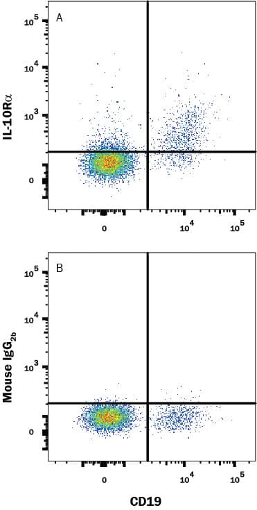 Human peripheral blood lymphocytes were stained with (A) Mouse Anti-Human IL-10 Ra Alexa Fluor® 488-conjugated Monoclonal Antibody (Catalog # FAB2742G) or (B) Mouse IgG2B isotype control antibody (Catalog # IC0041G) and Mouse Anti-Human CD19 APC-conjugated Monoclonal Antibody (Catalog # FAB4867A). View our protocol for Staining Membrane-associated Proteins.
