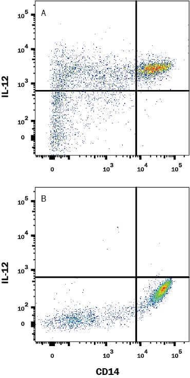 Human peripheral blood mononuclear cells (PBMCs), A) treated with recombinant human IFN- gamma (Catalog # 285-IF, 75 ng/mL for 2 hours), then LPS (1 µg/mL for 12 hours) and lastly monensin (3 µM for 3 hours), or B) untreated, were stained with Mouse Anti-Human CD14 PE-conjugated Monoclonal Antibody (Catalog # FAB3832P) and Rabbit Anti-Human IL-12/IL-35 p35 Monoclonal Antibody (Catalog # MAB15701) followed by APC-conjugated Goat Anti-Rabbit Secondary Antibody (Catalog # F0111). Quadrant markers were set based on isotype control antibody (Catalog # MAB1050, data not shown). To facilitate intracellular staining, cells were fixed and permeabilized with FlowX FoxP3 Fixation & Permeabilization Buffer Kit (Catalog # FC012). View our protocol for Staining Intracellular Molecules.