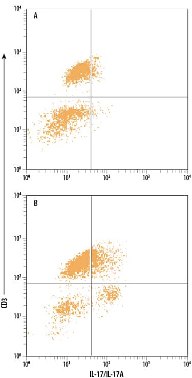 Human peripheral blood mononuclear cells (PBMCs) either (A) untreated or (B) treated with PMA and Calcium Ionomycin were stained with Mouse Anti-Human IL-17/IL-17A PerCP-conjugated Monoclonal Antibody (Catalog # IC3171C) and Mouse Anti-Human CD3e Fluorescein-conjugated Monoclonal Antibody (Catalog # FAB100F). Quadrant markers were set based on control antibody staining (Catalog # IC002C). To facilitate intracellular staining, cells were fixed with Flow Cytometry Fixation Buffer (Catalog # FC004) and permeabilized with Flow Cytometry Permeabilization/Wash Buffer I (Catalog # FC005). View our protocol for Staining Intracellular Molecules.