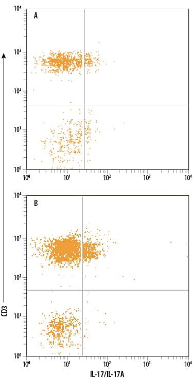 Human peripheral blood mononuclear cells (PBMCs) either (A) untreated or (B) treated with PMA and Calcium Ionomycin were stained with Mouse Anti-Human IL-17/IL-17A PE-conjugated Monoclonal Antibody (Catalog # IC3171P) and Mouse Anti-Human CD3e APC-conjugated Monoclonal Antibody (Catalog # FAB100A). Quadrant markers were set based on control antibody staining (Catalog # IC002P). To facilitate intracellular staining, cells were fixed with Flow Cytometry Fixation Buffer (Catalog # FC004) and permeabilized with Flow Cytometry Permeabilization/Wash Buffer I (Catalog # FC005). View our protocol for Staining Intracellular Molecules.