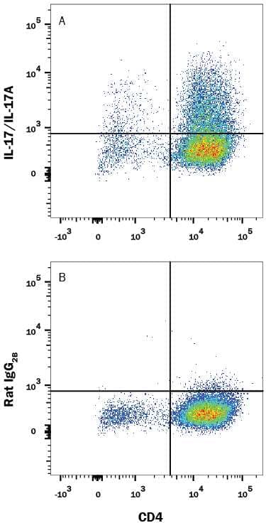 Mouse splenocytes stimulated to induce Th17 cells were stained with Rat Anti-Mouse CD4 APC-conjugated Monoclonal Antibody (Catalog # FAB554A) and either (A) Rat Anti-Mouse IL-17/IL-17A PE-conjugated Monoclonal Antibody (Catalog # IC7211P) or (B) Rat IgG2BPhycoerythrin Isotype Control (Catalog # IC013P). To facilitate intracellular staining, cells were fixed and permeabilized with FlowX FoxP3 Fixation & Permeabilization Buffer Kit (Catalog # FC012). View our protocol for Staining Intracellular Molecules.