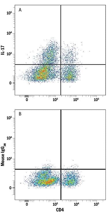 Mouse splenocytes stimulated to induce Th17 cells were stained with Rat Anti-Mouse CD4 PE-conjugated Monoclonal Antibody (Catalog # FAB554P) and either (A) Rat Anti-Mouse IL-17/IL-17A Alexa Fluor® 647-conjugated Monoclonal Antibody (Catalog # IC7211R) or (B) Rat IgG2BAlexa Fluor 647 Isotype Control (Catalog # IC013R). To facilitate intracellular staining, cells were fixed with Flow Cytometry Fixation Buffer (Catalog # FC004) and permeabilized with Flow Cytometry Permeabilization/Wash Buffer I (Catalog # FC005). View our protocol for Staining Intracellular Molecules.
