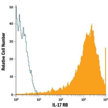 CHO Chinese hamster ovary cell line transfected with mouse IL-17 RB was stained with Rat Anti-Mouse IL-17 RB APC-conjugated Monoclonal Antibody (Catalog # FAB10402A, filled histogram) or isotype control antibody (Catalog # IC005A, open histogram). View our protocol for Staining Membrane-associated Proteins.