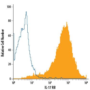 CHO Chinese hamster ovary cell line transfected with mouse IL-17 RB was stained with Rat Anti-Mouse IL-17 RB PE-conjugated Monoclonal Antibody (Catalog # FAB10402P, filled histogram) or isotype control antibody (Catalog # IC005P, open histogram). View our protocol for Staining Membrane-associated Proteins.