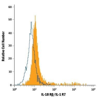 KG-1 human acute myelogenous leukemia cell line was stained with Mouse Anti-Human IL-18 R beta /IL-1 R7 Fluorescein-conjugated Monoclonal Antibody (Catalog # FAB118F, filled histogram) or isotype control antibody (Catalog # IC0041F, open histogram). View our protocol for Staining Membrane-associated Proteins.