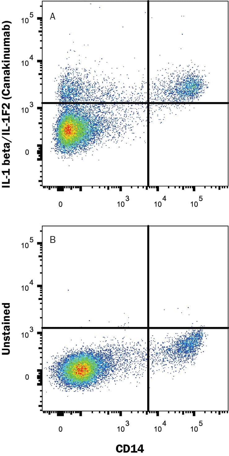 Human peripheral blood monocytes, either (A) treated with 500 ng/mL LPS overnight, or (B) untreated, were stained with Human anti-Human IL-1 beta/IL-1F2 (Research Grade Canakinumab Biosimilar) Antibody (Catalog # MAB10349) followed by APC-conjugated anti-Human IgG secondary antibody (Catalog # F0135) and Mouse anti-Human CD14 PE-conjugated Monoclonal Antibody (Catalog # FAB3832P). To facilitate intracellular staining, cells were fixed with FlowX FoxP3/Transcription Factor Fixation & Perm Buffer Kit (Catalog # FC012). View our protocol for Staining Intracellular Molecules.
