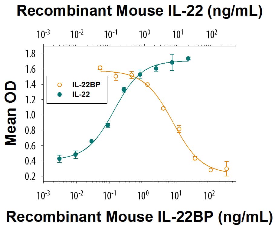 Recombinant Mouse IL-22BP (Catalog # 9597-BP) inhibitsIL-22-induced IL-10 secretion by COLO 205 human colorectal adenocarcinomacells. The ED50 for this effect is 2-12 ng/mL.