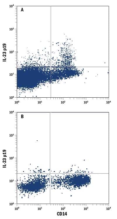 Human peripheral blood mononuclear cells (PBMCs), (A) treated with LPS, or (B) resting, were stained with Mouse Anti-Human IL-23 p19 PE-conjugated Monoclonal Antibody (Catalog # IC17161P) and Mouse Anti-Human CD14 APC-conjugated Monoclonal Antibody (Catalog # FAB3832A). Quadrant markers were set based on control antibody staining (Catalog # IC0041P). To facilitate intracellular staining, cells were fixed with Flow Cytometry Fixation Buffer (Catalog # FC004) and permeabilized with Flow Cytometry Permeabilization/Wash Buffer I (Catalog # FC005). View our protocol for Staining Intracellular Molecules.