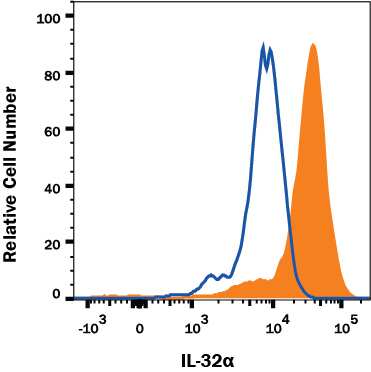 Human peripheral blood mononuclear cells (PBMCs) treated with PMA and calcium ionomycin were stained with Rat Anti-Human IL-32 Monoclonal Antibody (Catalog # MAB30402, filled histogram) or isotype control antibody (Catalog # MAB006, open histogram) followed by APC-conjugated Goat anti-Rat IgG Secondary Antibody (Catalog # F0113). To facilitate intracellular staining, cells were fixed with Flow Cytometry Fixation Buffer (Catalog # FC004) and permeabilized with Flow Cytometry Permeabilization/Wash Buffer I (Catalog # FC005). View our protocol for Staining Intracellular Molecules.