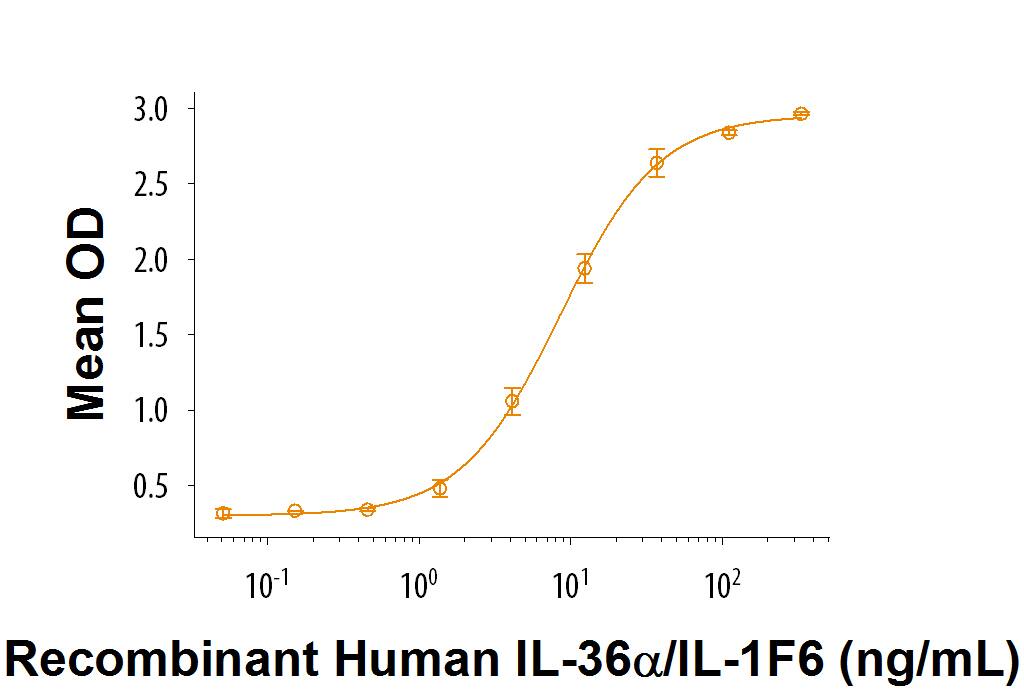 Recombinant Human IL-36 alpha/IL-1F6 (Catalog # 6995-IL/CF) induces IL-8 secretion in A431 human epithelial carcinoma cells. The ED50 for this effect is 4-24 ng/mL.