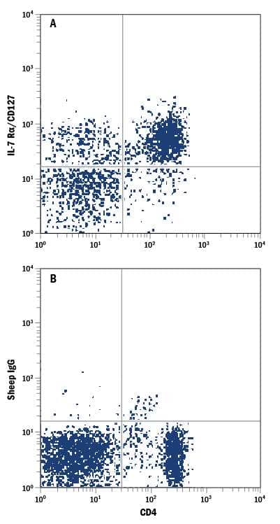 Rat splenocytes were stained with anti-rat CD4 APC-conjugated antibody and either (A) Sheep Anti-Rat IL-7 Ra/CD127 PE-conjugated Antigen Affinity-purified Polyclonal Antibody (Catalog # FAB5607P) or (B) Normal Sheep IgG Phycoerythrin Control (Catalog # IC016P). View our protocol for Staining Membrane-associated Proteins.