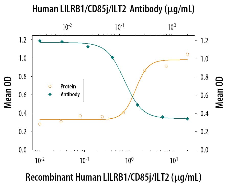 Recombinant Human LILRB1/CD85j/ILT2 Fc Chimera (Catalog # 2017-T2), immobilized onto a microplate, supports the adhesion of the HSB2 human peripheral blood acute lymphoblastic leukemia cell line in a dose-dependent manner (orange line), as measured by acid phosphatase activity. Adhesion elicited by Recombinant Human LILRB1/CD85j/ILT2 Fc Chimera (10 µg/mL) is neutralized (green line) by increasing concentrations of Mouse Anti-Human LILRB1/CD85j/ILT2 Monoclonal Antibody (Catalog # MAB20172). The ND50 is typically 0.025‑0.15 µg/mL. 