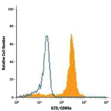 Human peripheral blood mononuclear cells (PBMC) monocytes were stained with Mouse Anti-Human ILT5/CD85a Alexa Fluor® 488-conjugated Monoclonal Antibody (Catalog # FAB1806G, filled histogram) or isotype control antibody (Catalog # IC003G, open histogram). View our protocol for Staining Membrane-associated Proteins.