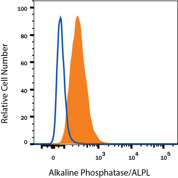 BG01V human embryonic stem cells were stained with Mouse Anti-Human Alkaline Phosphatase/ALPL PerCP-conjugated Monoclonal Antibody (Catalog # FAB1448C, filled histogram) or Mouse IgG PerCP-conjugated Isotype Control Antibody (Catalog # IC002C, open histogram). View our protocol for Staining Membrane-associated Proteins.