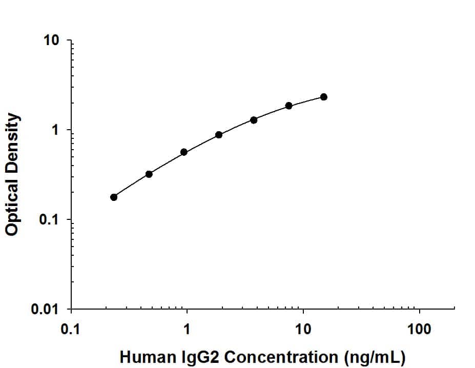     Recombinant  Human IgG2 protein was serially diluted 2-fold and  captured by Mouse Anti-Human IgG2 Monoclonal Antibody  (Catalog # MAB9794) coated on a Clear Polystyrene Microplate  (Catalog # DY990).  Rabbit Anti-Human IgG Monoclonal Antibody (Catalog # MAB11012)  was biotinylated and incubated with the protein captured on the plate.  Detection of the standard curve was achieved by incubating Streptavidin-HRP  (Catalog # DY998)  followed by Substrate Solution (Catalog # DY999)  and stopping the enzymatic reaction with Stop Solution (Catalog #  DY994). 