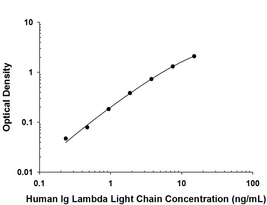 Human Ig Lambda Light Chain protein was serially diluted 2-fold and captured by Mouse Anti-Human Ig Lambda Light Chain Monoclonal Antibody (Catalog # MAB100491) coated on a Clear Polystyrene Microplate (Catalog # DY990). Mouse Anti-Human Ig Lambda Light Chain Monoclonal Antibody (Catalog # MAB10049) was biotinylated and incubated with the protein captured on the plate. Detection of the standard curve was achieved by incubating Streptavidin-HRP (Catalog # DY998) followed by Substrate Solution (Catalog # DY999) and stopping the enzymatic reaction with Stop Solution (Catalog # DY994).