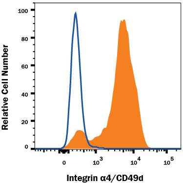 Human peripheral blood lymphocytes were stained with Mouse Anti-Human Integrin a4/CD49d Alexa Fluor® 488-conjugated Monoclonal Antibody (Catalog # FAB1354G, filled histogram) or isotype control antibody (Catalog # IC002G, open histogram). View our protocol for Staining Membrane-associated Proteins.