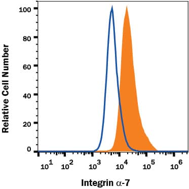 C2C12 mouse myoblast cell line was stained with Rat Anti-Mouse Integrin alpha 7 Alexa Fluor® 488-conjugated Monoclonal Antibody (Catalog # FAB3518G, filled histogram) or isotype control antibody (Catalog # IC013G, open histogram). View our protocol for Staining Membrane-associated Proteins.
