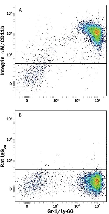 Mouse bone marrow cells were stained with Rat Anti-Mouse Gr-1/Ly-6G APC-conjugated Monoclonal Antibody (Catalog # FAB1037A) and either (A) Rat Anti-Mouse Integrin aM/CD11b PE-conjugated Monoclonal Antibody (Catalog # FAB1124P) or (B) Rat IgG2BPhycoerythrin Isotype Control (Catalog # IC013P). View our protocol for Staining Membrane-associated Proteins.