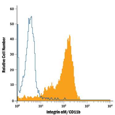 Human peripheral blood monocytes were stained with Mouse Anti-Human Integrin aM/CD11b Alexa Fluor® 488-conjugated Monoclonal Antibody (Catalog # FAB16991G, filled histogram) or isotype control antibody (Catalog # IC0041G, open histogram). View our protocol for Staining Membrane-associated Proteins.