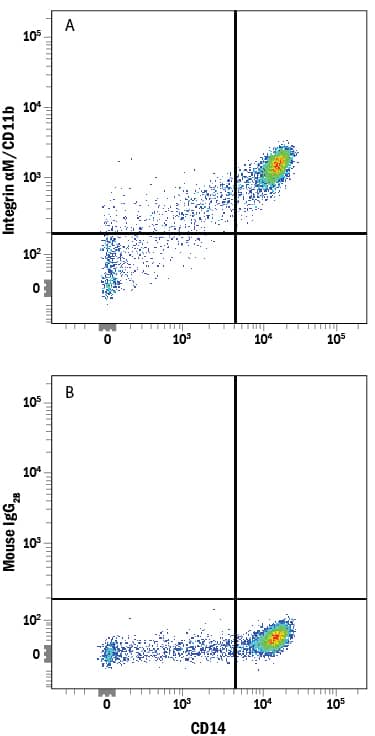 Human peripheral blood mononuclear cells (PBMCs) were stained with Mouse Anti-Human CD14 APC-conjugated Monoclonal Antibody (Catalog # FAB3832A) and either (A) Mouse Anti-Human Integrin aM/CD11b Alexa Fluor® 594-conjugated Monoclonal Antibody (Catalog # FAB16991T) or (B) Mouse IgG2BAlexa Fluor 594 Isotype Control (Catalog # IC0041T). View our protocol for Staining Membrane-associated Proteins.