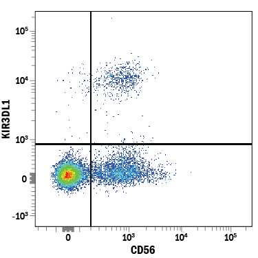 Human peripheral blood mononuclear cells (PBMCs) were stained with Mouse Anti-Human KIR3DL1 PE-conjugated Monoclonal Antibody (Catalog # FAB12251P) and Mouse Anti-Human NCAM-1/CD56 APC-conjugated Monoclonal Antibody (Catalog # FAB2408A). Quadrant markers were set based on control antibody staining (Catalog # IC003P). View our protocol for Staining Membrane-associated Proteins.