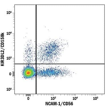 Human peripheral blood mononuclear cells (PBMCs) were stained with Mouse Anti-Human KIR3DL2/CD158k PE-conjugated Monoclonal Antibody (Catalog # FAB2878P) and Mouse Anti-Human NCAM-1/CD56 APC-conjugated Monoclonal Antibody (Catalog # FAB2408A). Quadrant markers were set based on control antibody staining (Catalog # IC002P). View our protocol for Staining Membrane-associated Proteins.