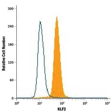 BG01V human embryonic stem cells were stained with Mouse Anti-Human KLF2 PE-conjugated Monoclonal Antibody (Catalog # IC5466P, filled histogram) or isotype control antibody (IC0041P, open histogram). To facilitate intracellular staining, cells were fixed with Flow Cytometry Fixation Buffer (FC004) and permeabilized with Flow Cytometry Permeabilization/Wash Buffer I (FC005). View our protocol for Staining Intracellular Molecules.