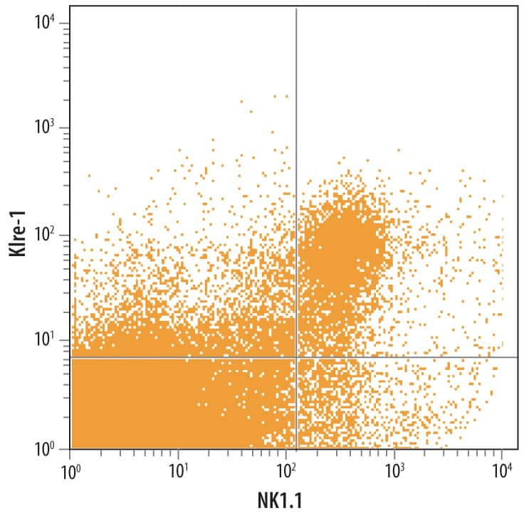 Mouse splenocytes were stained with Sheep Anti-Mouse Klre‑1 Antigen Affinity-purified Polyclonal Antibody (Catalog # AF7099) followed by Allophycocyanin-conjugated Anti-Sheep IgG Secondary Antibody (Catalog # F0127) and Anti-Mouse NK1.1 PE-conjugated antibody. Quadrant markers were set based on control antibody staining (Catalog # 5-001-A).