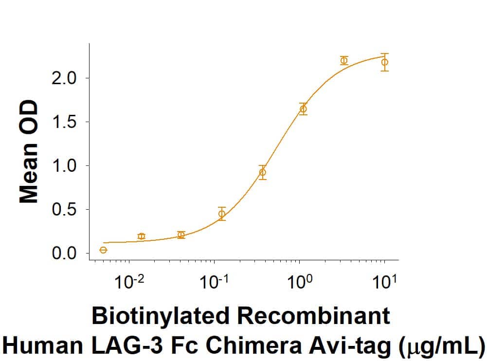 When Recombinant Human Hepassocin/FGL1 His-tag     (Catalog #  10285-HE)  is immobilized at 1 μg/mL (100 μL/well), the concentration of Recombinant Human LAG-3 Fc Chimera Avi-tag that produces 50% of the optimal binding response is 0.1-0.6  μg/mL.