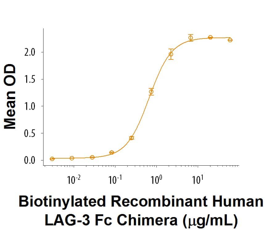 When Recombinant Human LSECtin/CLEC4G     (Catalog #  2947-CL)  iscoated at 1 μg/mL, 100 μL/well,Biotinylated Recombinant Human LAG‑3 Fc Chimera Biotinylated (Catalog # BT2319) binds with an ED50of 0.2‑2 μg/mL.