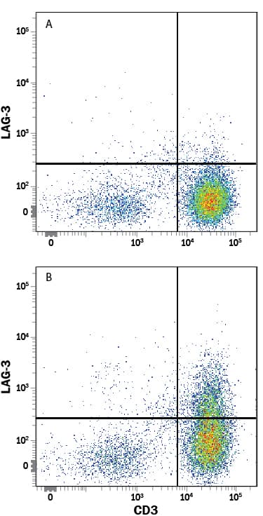 Peripheral blood mononuclear cells (PBMCs) either (A) untreated or (B) treated with 1 µg/mL PHA for 5 days were stained with Mouse Anti-Human LAG-3 PE-conjugated Monoclonal Antibody (Catalog # FAB23193P) and Mouse Anti-Human CD3e APC-conjugated Monoclonal Antibody (Catalog # FAB100A). Quadrant markers were set based on control antibody staining (Catalog # IC002P). View our protocol for Staining Membrane-associated Proteins.