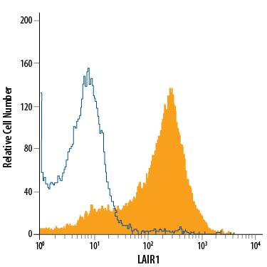 Human peripheral blood lymphocytes were stained with Mouse Anti-Human LAIR1 APC-conjugated Monoclonal Antibody (Catalog # FAB2664A, filled histogram) or isotype control antibody (Catalog # IC0041A, open histogram). View our protocol for Staining Membrane-associated Proteins.