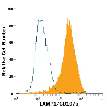 THP-1 human acute monocytic leukemia cell line was stained with Mouse Anti-Human LAMP-1/CD107a PE-conjugated Monoclonal Antibody (Catalog # IC4800P, filled histogram) or isotype control antibody (Catalog # IC0041P, open histogram). Cells were fixed with Flow Cytometry Fixation Buffer (Catalog # FC004) and permeabilized with Flow Cytometry Permeabilization/Wash Buffer I (Catalog # FC005). View our protocol for Staining Intracellular Molecules.