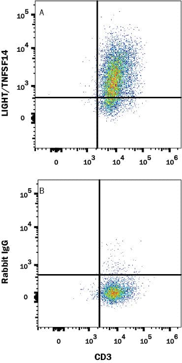 Human CD3+ T cells treated with 1 ng/mL PMA and 1 µg/mL Calcium Ionomycin for 72 hours were stained with (A) Rabbit Anti-Human LIGHT/TNFSF14 Monoclonal Antibody (Catalog # MAB6643) or (B) isotype control antibody (Catalog # MAB1050) followed by anti-Rabbit IgG APC-conjugated secondary antibody (Catalog # F0111) and Mouse Anti-Human CD3 PE-conjugated Monoclonal Antibody (Catalog # FAB100P). View our protocol for Staining Membrane-associated Proteins.