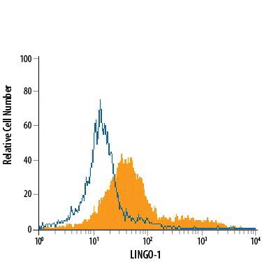 A172 human glioblastoma cell line was stained with Mouse Anti-Human LINGO-1 APC-conjugated Monoclonal Antibody (Catalog # FAB30861A, filled histogram) or isotype control antibody (Catalog # IC002A, open histogram). View our protocol for Staining Membrane-associated Proteins.