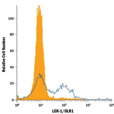 THP-1 human acute monocytic leukemia cell line either untreated (filled histogram) or treated with 50 ng/mL PMA for 3 days (open histogram) was stained with Mouse Anti-Human LOX-1/OLR1 PE-conjugated Monoclonal Antibody (Catalog # FAB1798P) or isotype control antibody (Catalog # IC0041P). View our protocol for Staining Membrane-associated Proteins.